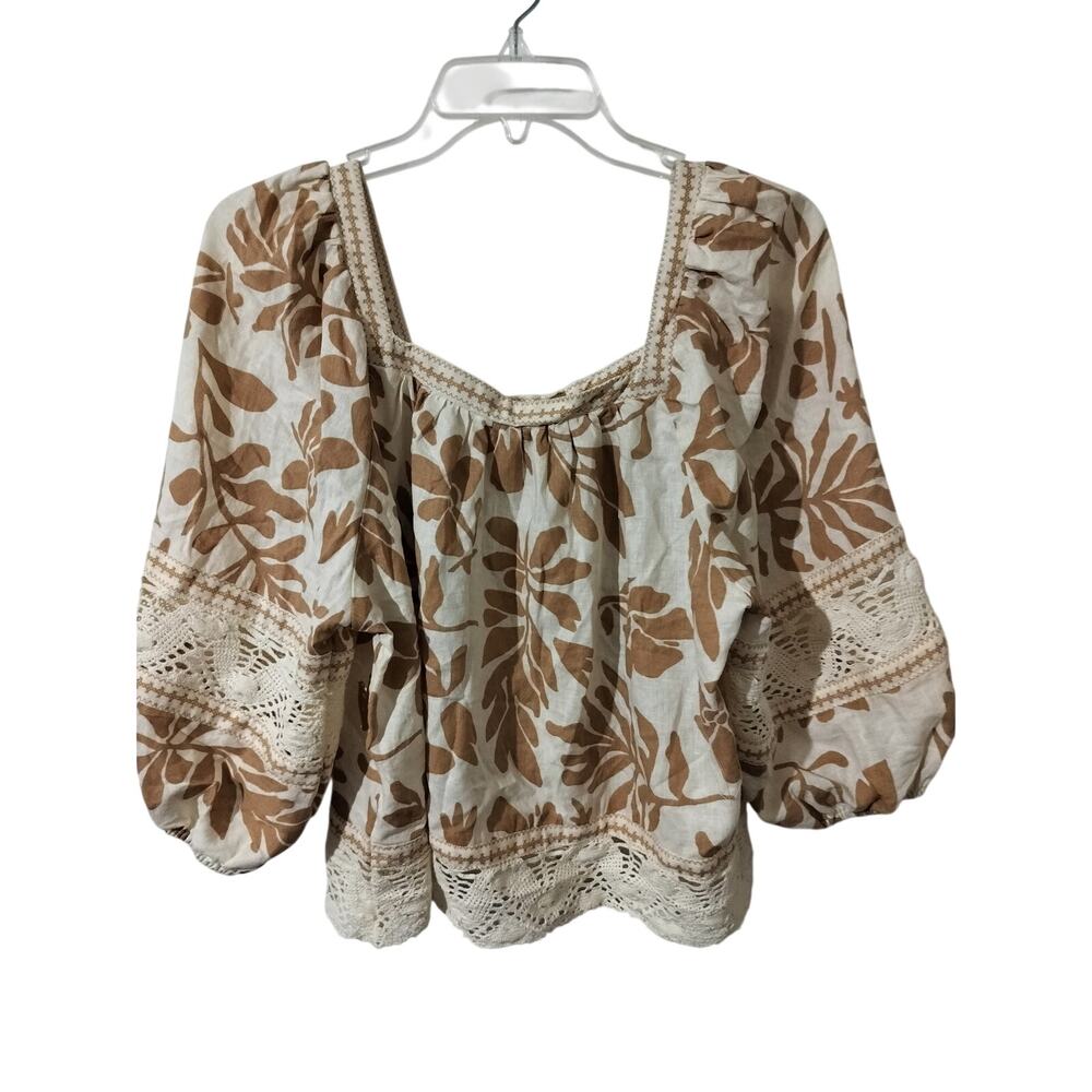 6057)Christian Siriano NY Linen Blend Peasant Boho Floral Tan Crop Blouse Small